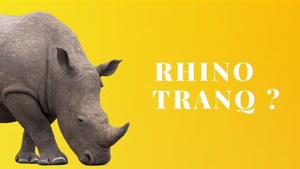 A rhinoceros standing on a bright yellow background with bold text reading “Rhino Tranq?”, symbolizing wildlife care, veterinary sedation, and conservation themes. © Dr MEK