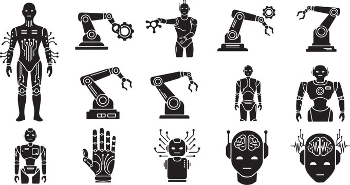 Robotic and mechanical icons in black and white illustration