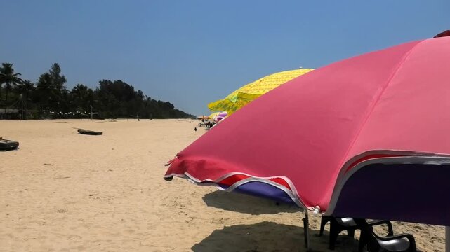 The beach with colorful umbrellas and chairs installed for tourists | Marari Beach, Alappuzha, Kerala, India