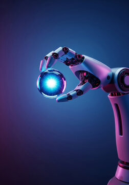 Futuristic robotic arm holding glowing blue energy sphere against purple background representing artificial intelligence and advanced technology