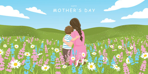 Mother and child hugging from behind in blooming spring meadow with wildflowers and green hills, tender family love scene under blue sky, warm emotional landscape for Mother's Day greeting, banner or © Liliya
