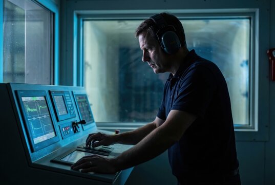 Man operating control panel with headset in industrial facility
