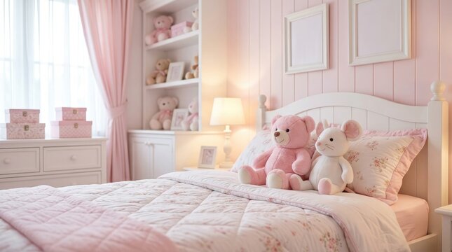 A serene and cozy pink girls bedroom featuring a white bed with stuffed animals and soft l