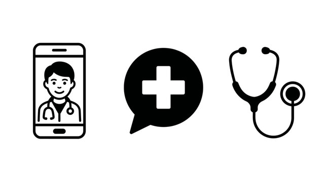 Online medical consultation and telemedicine health icon set showing cross stethoscope and smartphone vector graphic