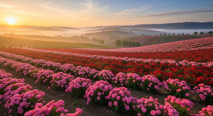 Obraz premium Colorful flower field at sunrise with pink and red blooms 