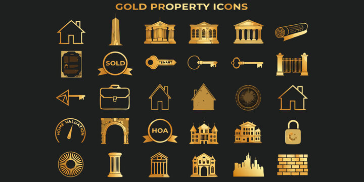 A collection of gold property icons on a black background, featuring various symbols related to real estate and property management.