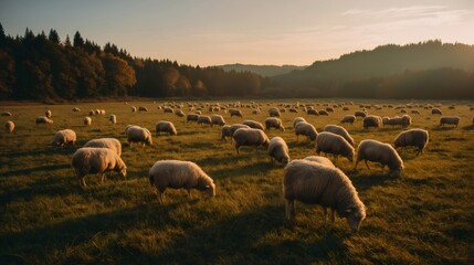 Fototapeta premium Sheep flock grazing green pasture at golden hour sunset