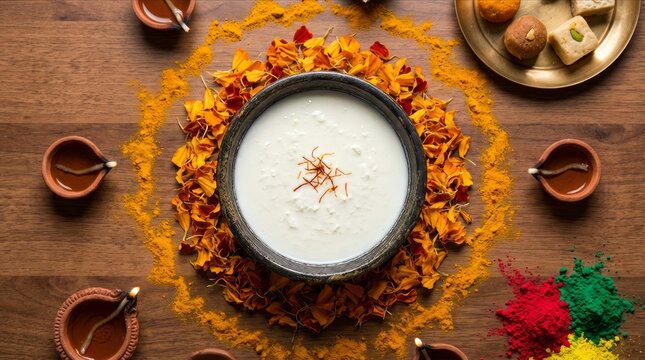 Traditional nag panchami preparation with turmeric powder, milk, and marigold flowers on beige surface. Nag panchami includes vibrant turmeric ingredients and decorative elements