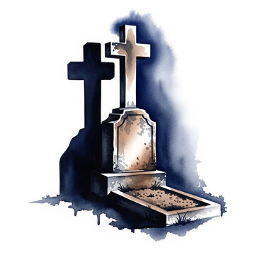 Grave markers with shadows on dark background in watercolor style  