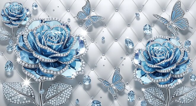 A luxurious and elegant illustration of blue roses and butterflies adorned with diamonds on a quilted white background.
