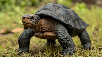 Obraz premium Galapagos Tortoise Slowly Walking on Grassy Island