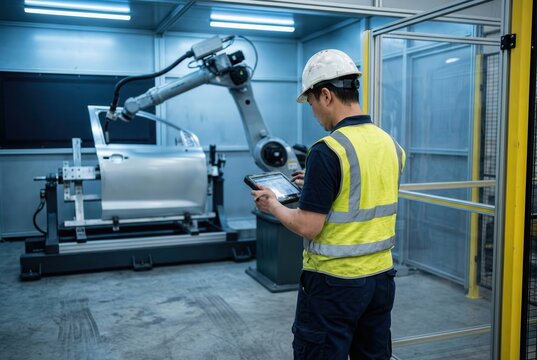 Man in safety vest using tablet near robotic arm and car door in factory