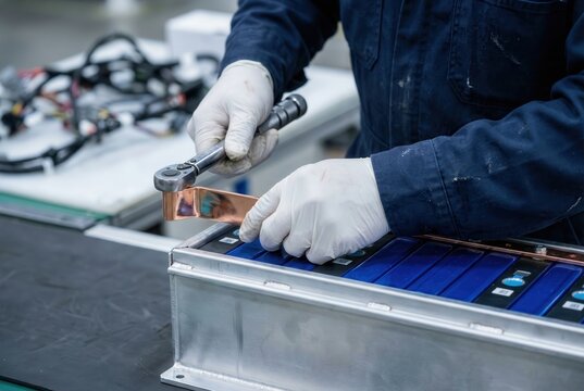 Worker assembling blue automotive battery pack with copper busbar