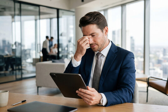 Stressed male executive rubbing his nose while holding a tablet