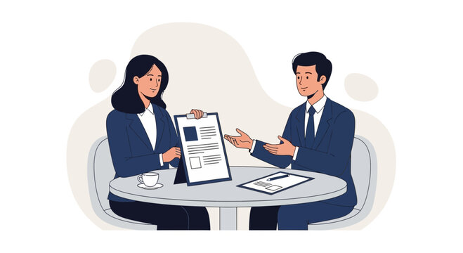 Business meeting: two professionals discussing document at table with coffee