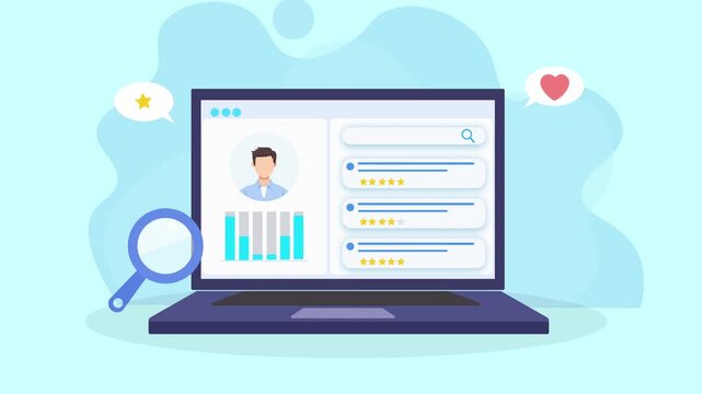 Animated illustration of a laptop showing a user profile dashboard with charts, ratings, and social icons, representing interaction tracking, user analysis, and data insights.