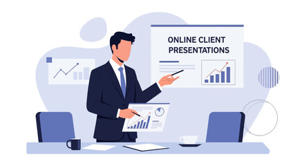 Fototapeta premium Businessman presenting online client presentations with charts and graphs in meeting room