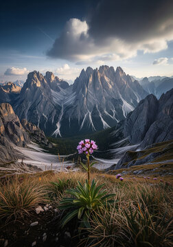 Single pink alpine wildflower blooming in dramatic rocky Dolomite mountain landscape under moody cloudy summer sky