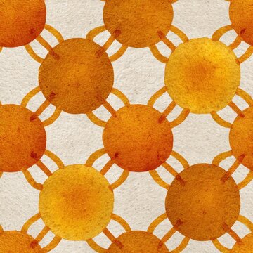 Seamless watercolor tile pattern with ochre orange sienna circle geometric repeat on cream white background