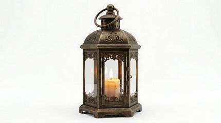 Fototapeta premium Vintage lantern with lit candle against white background