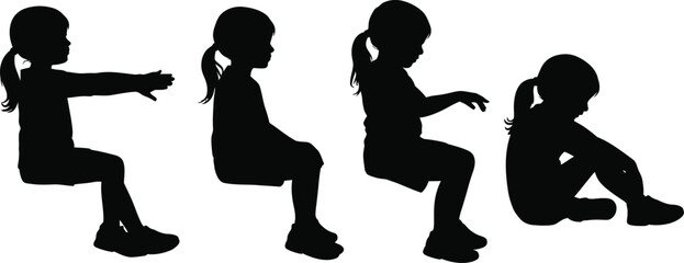 Four black silhouette girls in different sitting and reaching poses child