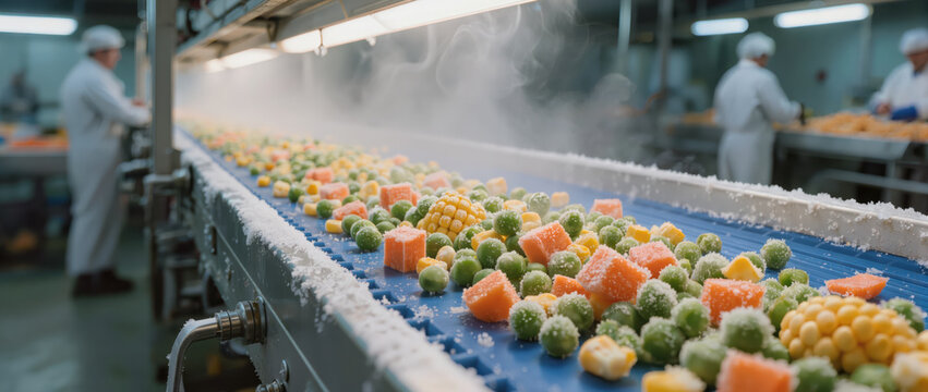 Frozen vegetable mix on conveyor belt in processing plant with workers