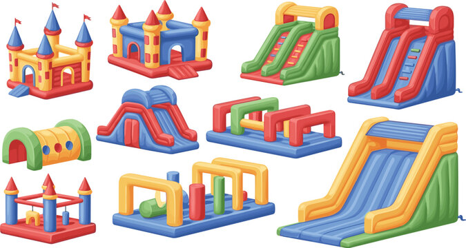 Collection of colorful inflatable bouncy castles and slides for kids playground, vector set of jumping castles and water slides isolated on white background.