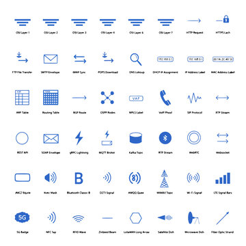 A collection of blue vector icons representing various network and communication concepts