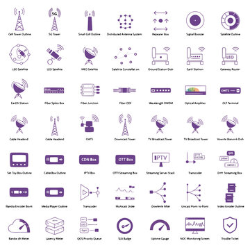 A collection of telecommunications and broadcasting icons in a flat, minimalist design style