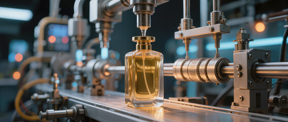 Fototapeta premium Amber perfume bottle on filling line with industrial machinery and warm glow