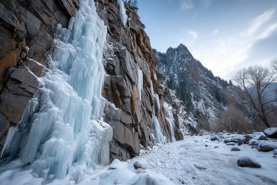 Waterfall frozen on rocky cliff in winter landscape