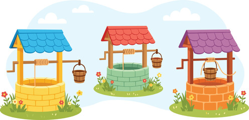 Obraz premium Collection of colorful stone water wells with wooden buckets and roof, cute cartoon style vector illustration set for village farm and fairytale landscape background.