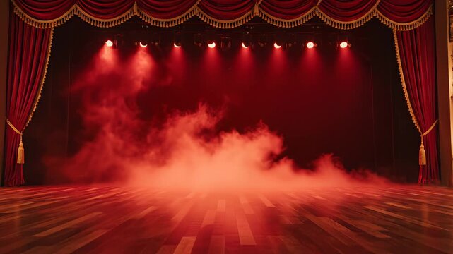 Theater stage with curtains and spotlights for commercial advertising, marketing campaigns, and creative projects