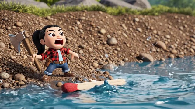 Little cartoon girl playing lumberjack, furiously chopping a giant matchstick planted on a wooden stump by the water's edge, embodying perseverance and effort