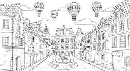 Old European town coloring page with medieval streets and hot air balloons in the sky line art © MdAmzad
