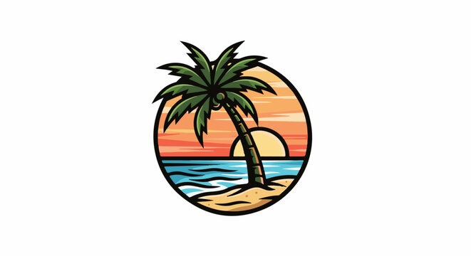 A stylized beach scene with a palm tree, ocean, and sunset within a circle