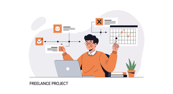 Freelancer working on laptop, planning project with checklist and graph