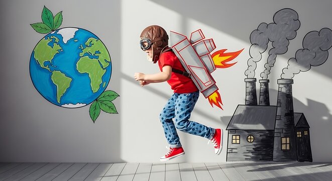 A young boy wearing a rocket pack runs towards a drawing of the earth with leaves, contrasted with a polluting factory on the wall