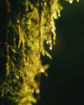 Vertical moss wall glows in soft sunlight with fresh water droplets hanging from lush green strands creating peaceful and natural atmosphere in forest