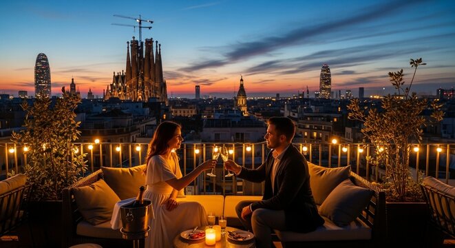 Couple toasting drinks rooftop sunset
