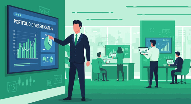 Business Man Analyzing Portfolio Data on Large Screen.