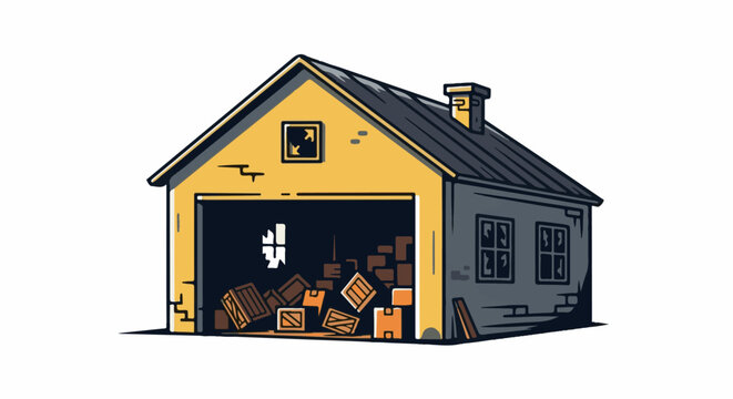 A yellow and grey structure with an open garage filled with clutter
