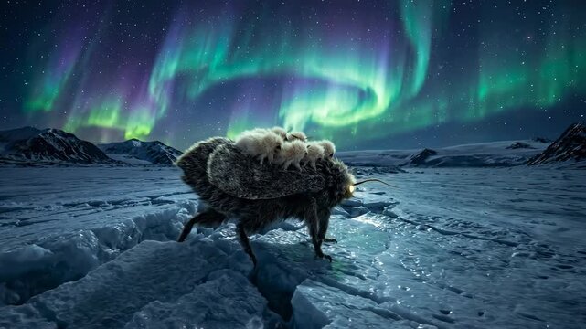 Large furry moth with glowing eyes transporting small sheep-like creatures on its back, trekking across a frozen icy landscape under a vibrant green and purple aurora borealis night sky