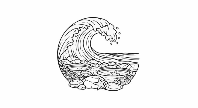 A stylized wave crashes over tide pools filled with rocks and shells