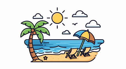 Obraz premium A sunny beach scene with a palm tree, umbrella, and lounge chairs