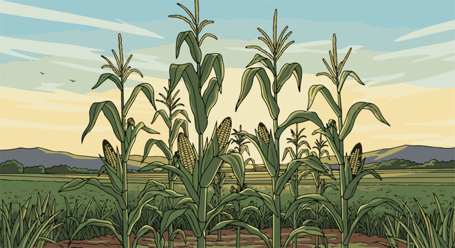 A sunlit cornfield with tall green stalks, ripening ears, and distant hazy mountains under a pale sky