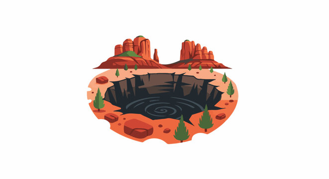 A surreal desert landscape with towering red rock formations and a gaping abyss