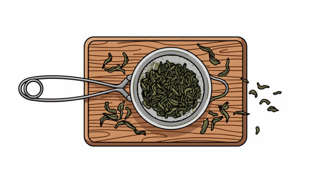 A tea strainer filled with dried leaves rests on a wooden surface