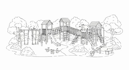 Naklejka premium A whimsical outdoor playground scene with swings, slides, and climbing structures