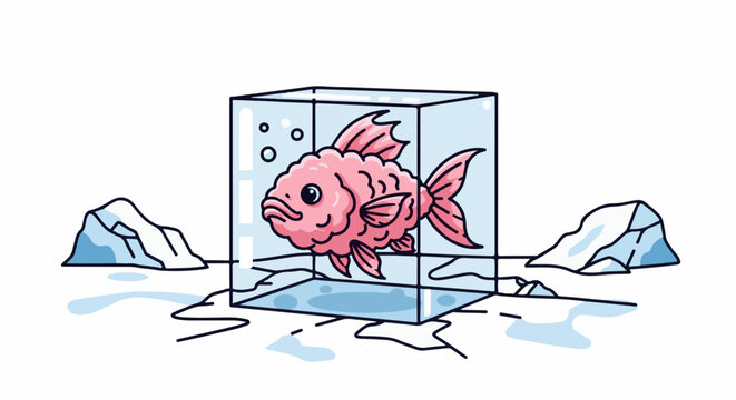 A stylized pink fish trapped in an ice cube with icebergs in the background